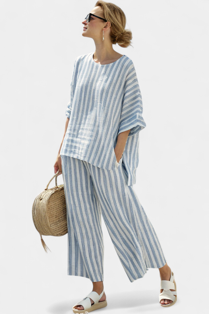 Sophisticated Blue Striped Linen Top & Relaxed Pants
