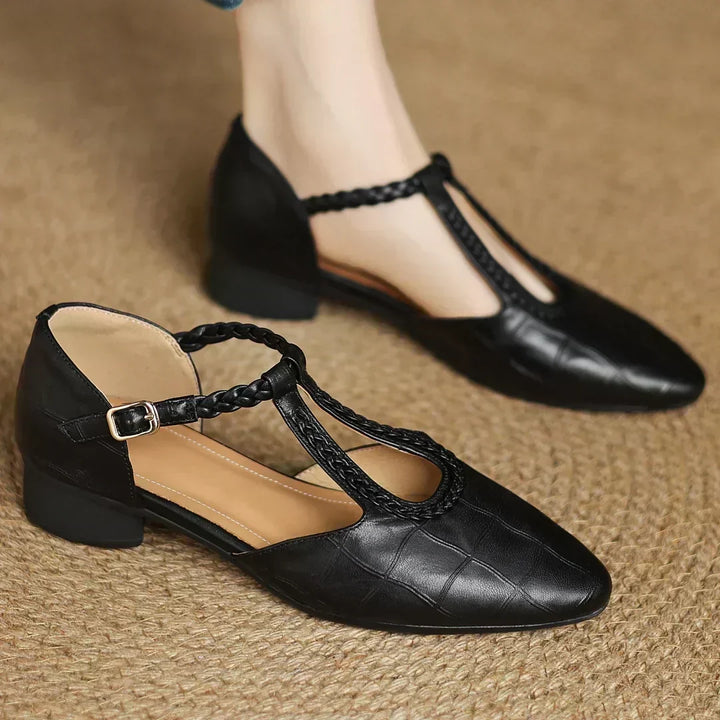 Greta | Classic Leather T-Strap Shoes with Braided Detail