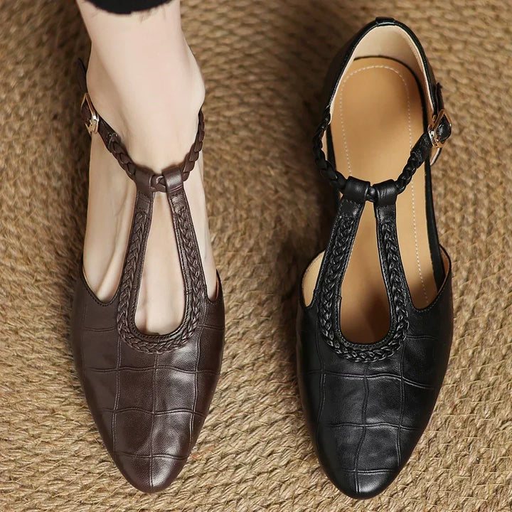 Greta | Classic Leather T-Strap Shoes with Braided Detail