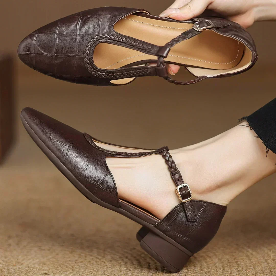 Greta | Classic Leather T-Strap Shoes with Braided Detail