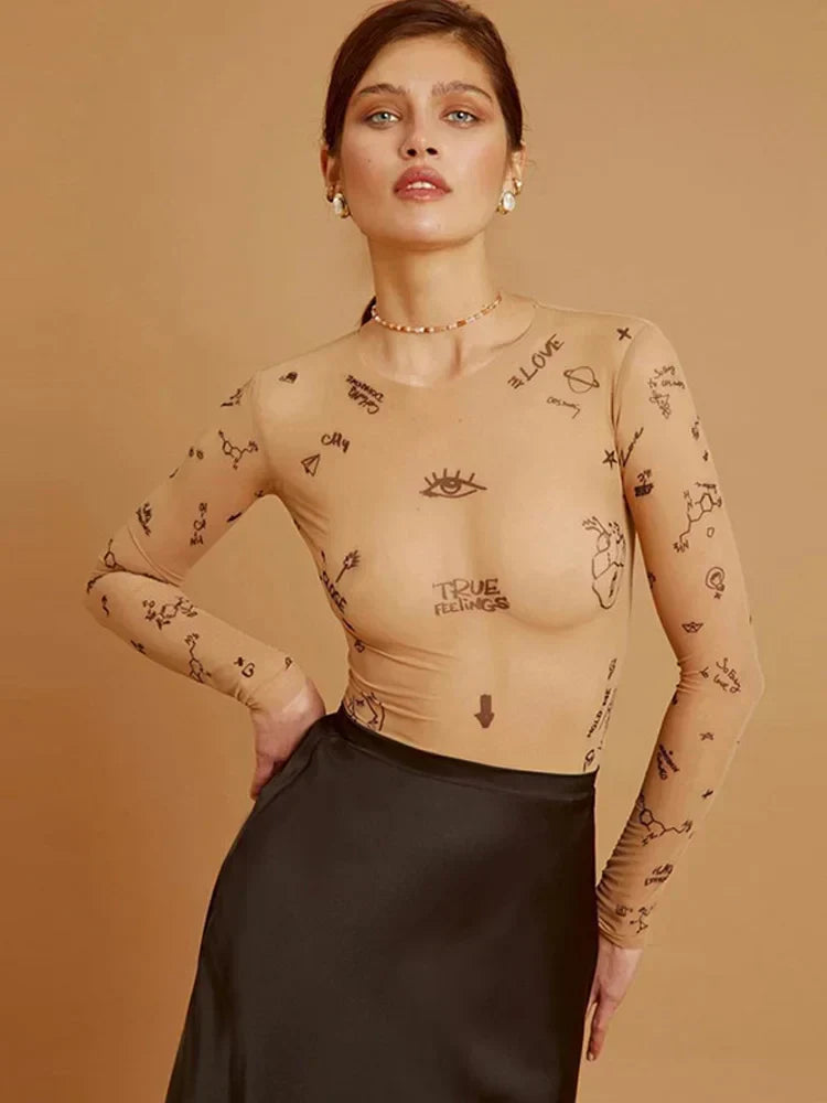 Modern Print Mesh Bodysuit