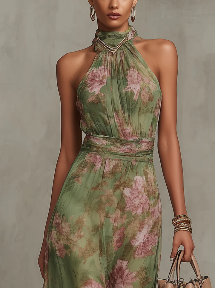 Livia - Elegant Maxi Halter Dress in Floral Print