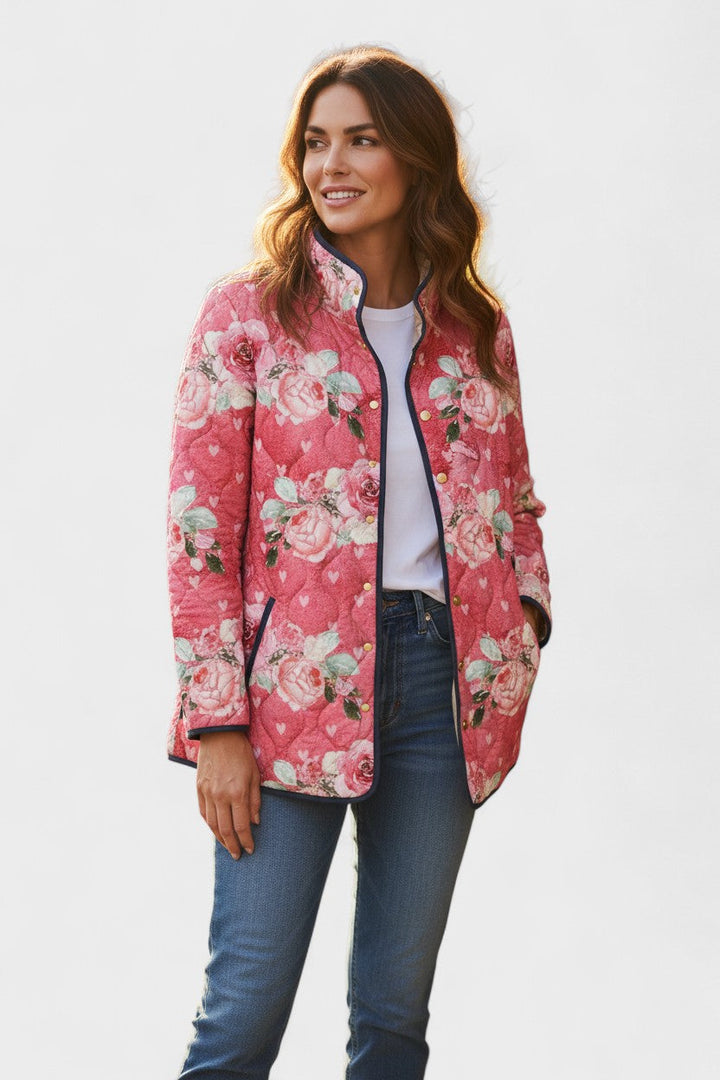 Quilted Jacket with Roses in Berry